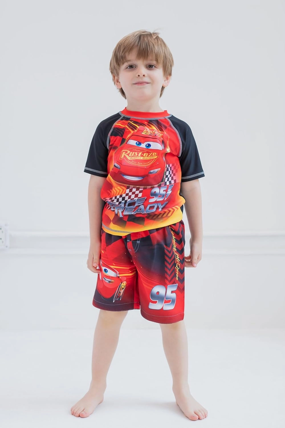 Disney Cars UPF 50  Rash Guard Shirt and Swim Trunks Outfit Set Toddler to Little Kid Sizes (2T - 7-8)