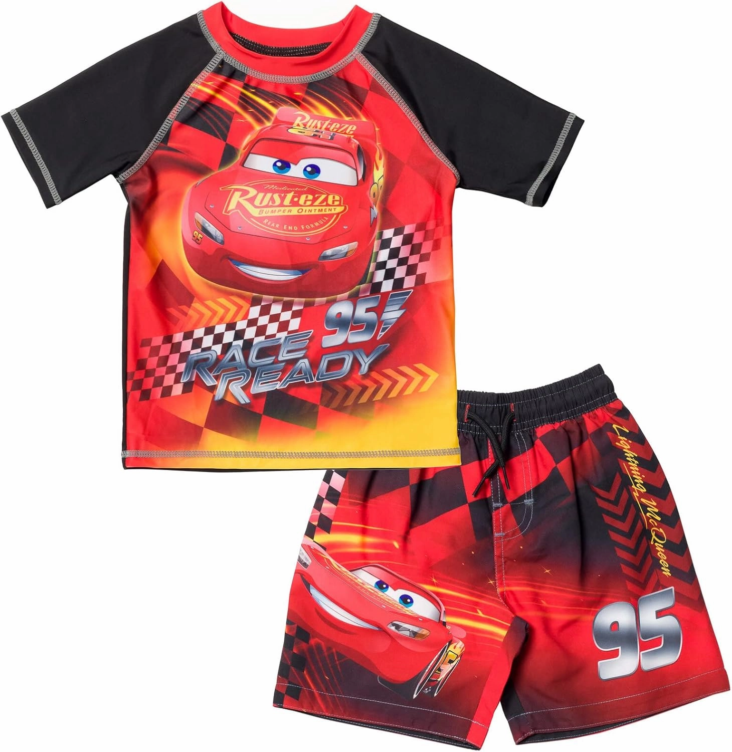 Disney Cars UPF 50  Rash Guard Shirt and Swim Trunks Outfit Set Toddler to Little Kid Sizes (2T - 7-8)