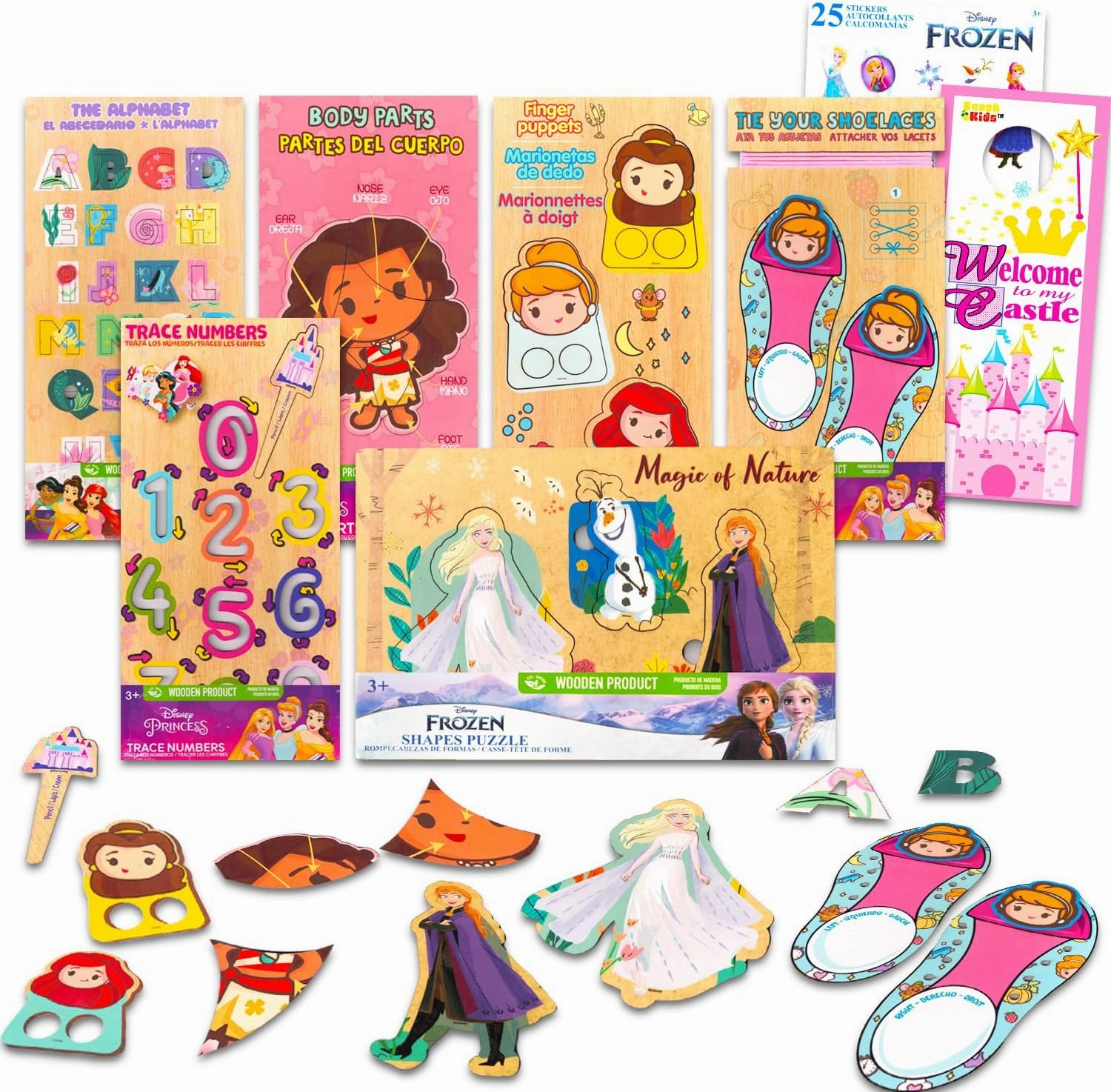 Disney Princess Wood Puzzles 6 Pack - Bundle with 6 Educational Puzzles with Alphabet, Numbers, Body Parts, Shoe Tying Plus Stickers, More | Disney Princess Educational Toys for Toddlers