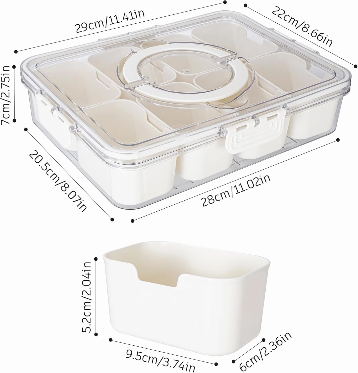 Divided Serving Tray with Lid and Handle - Snackle Box Charcuterie Container for Portable Snack Platters - Clear Organizer for Candy, Fruits, Nuts, Snacks - Perfect for Party, Entertaining