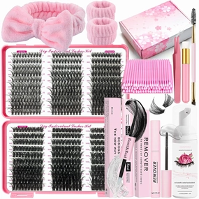 DIY Lash Extension Kit 590Pcs 9-18mm D Curl Lashes Clusters with Lash Bond and Seal Glue Remover Lash Shampoo Cleansing Brush Headband Wristband Tweezers Eyelash Brush Applicator