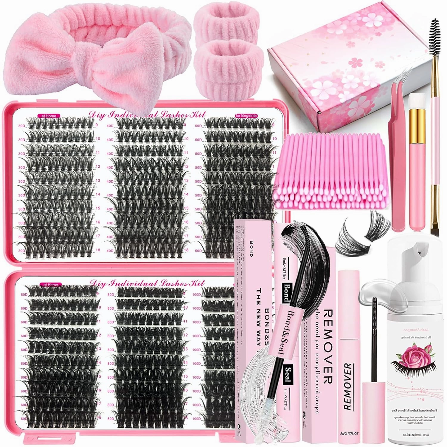 DIY Lash Extension Kit 590Pcs 9-18mm D Curl Lashes Clusters with Lash Bond and Seal Glue Remover Lash Shampoo Cleansing Brush Headband Wristband Tweezers Eyelash Brush Applicator