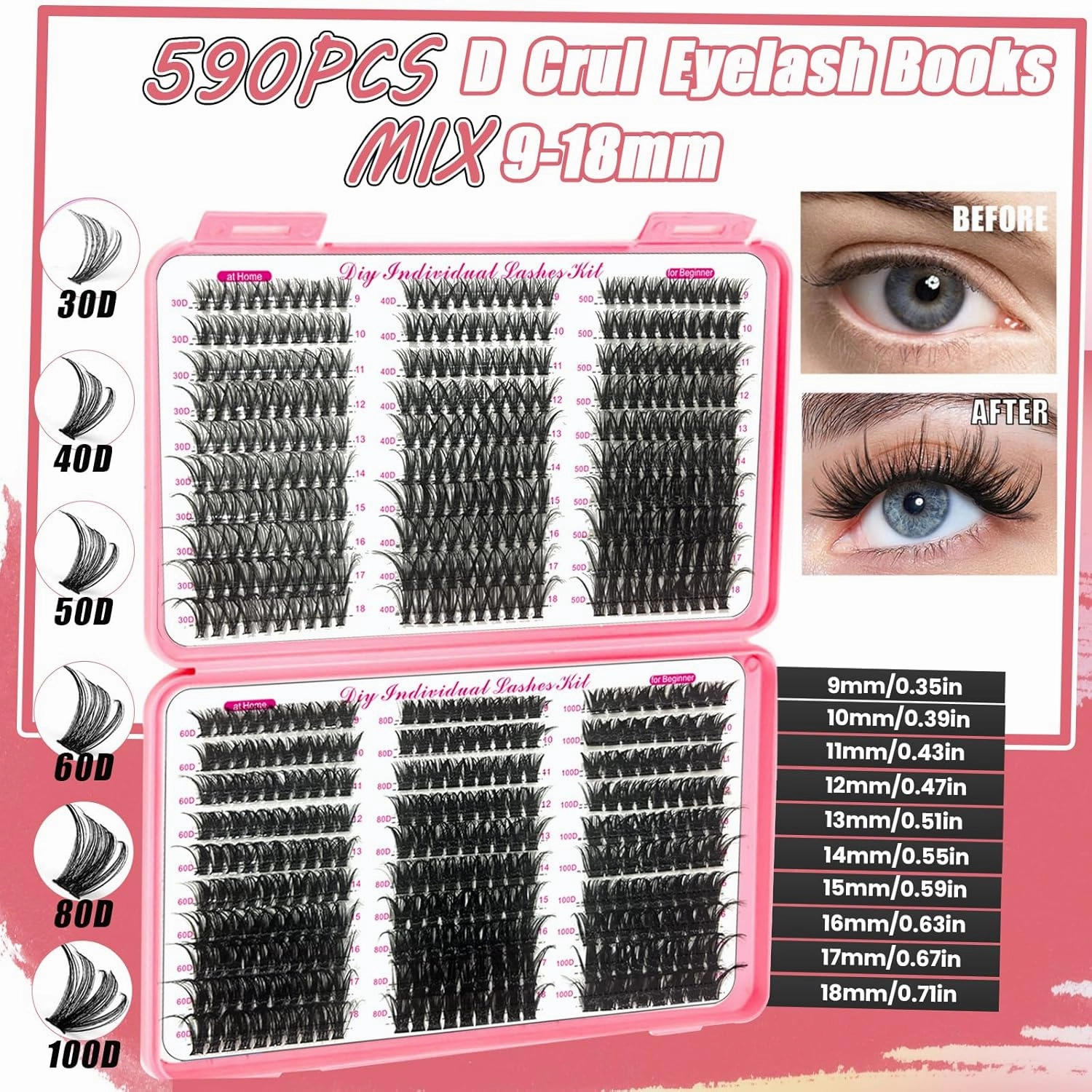 DIY Lash Extension Kit 590Pcs 9-18mm D Curl Lashes Clusters with Lash Bond and Seal Glue Remover Lash Shampoo Cleansing Brush Headband Wristband Tweezers Eyelash Brush Applicator