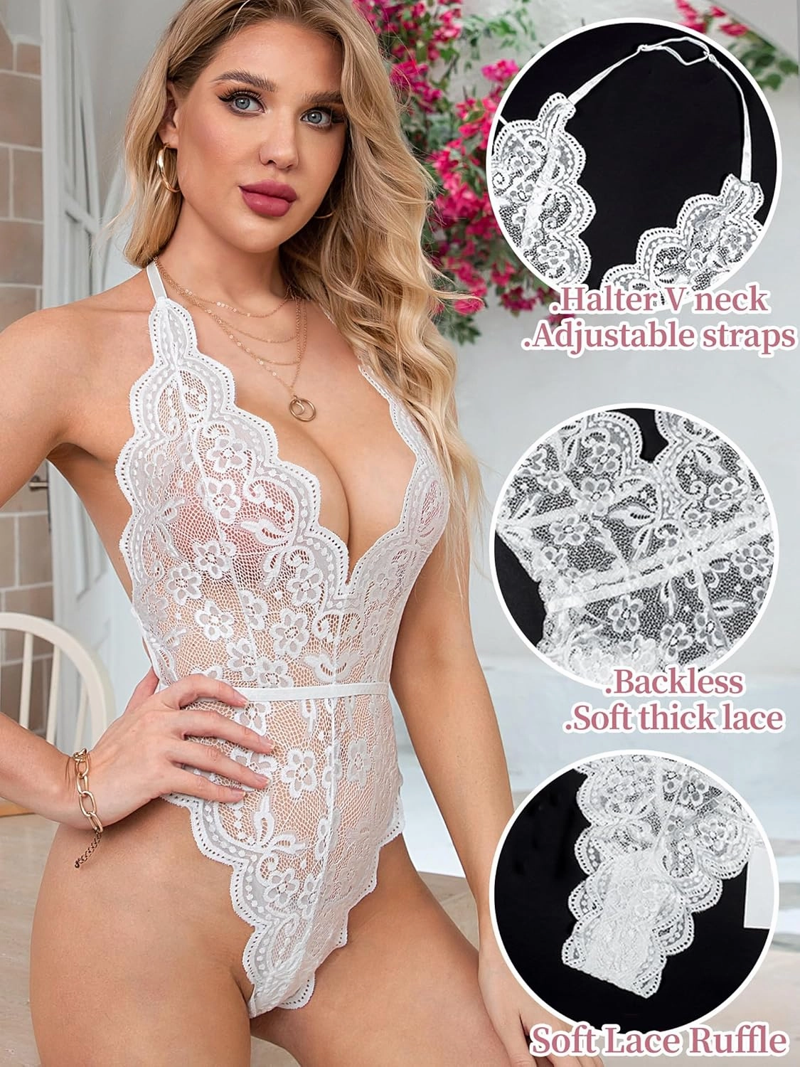 Dlsave Sexy Lingerie for Women,Deep V-Neck Lace Bodysuit Bridal Lingerie Backless One piece Teddy Body Suits Tops Wedding