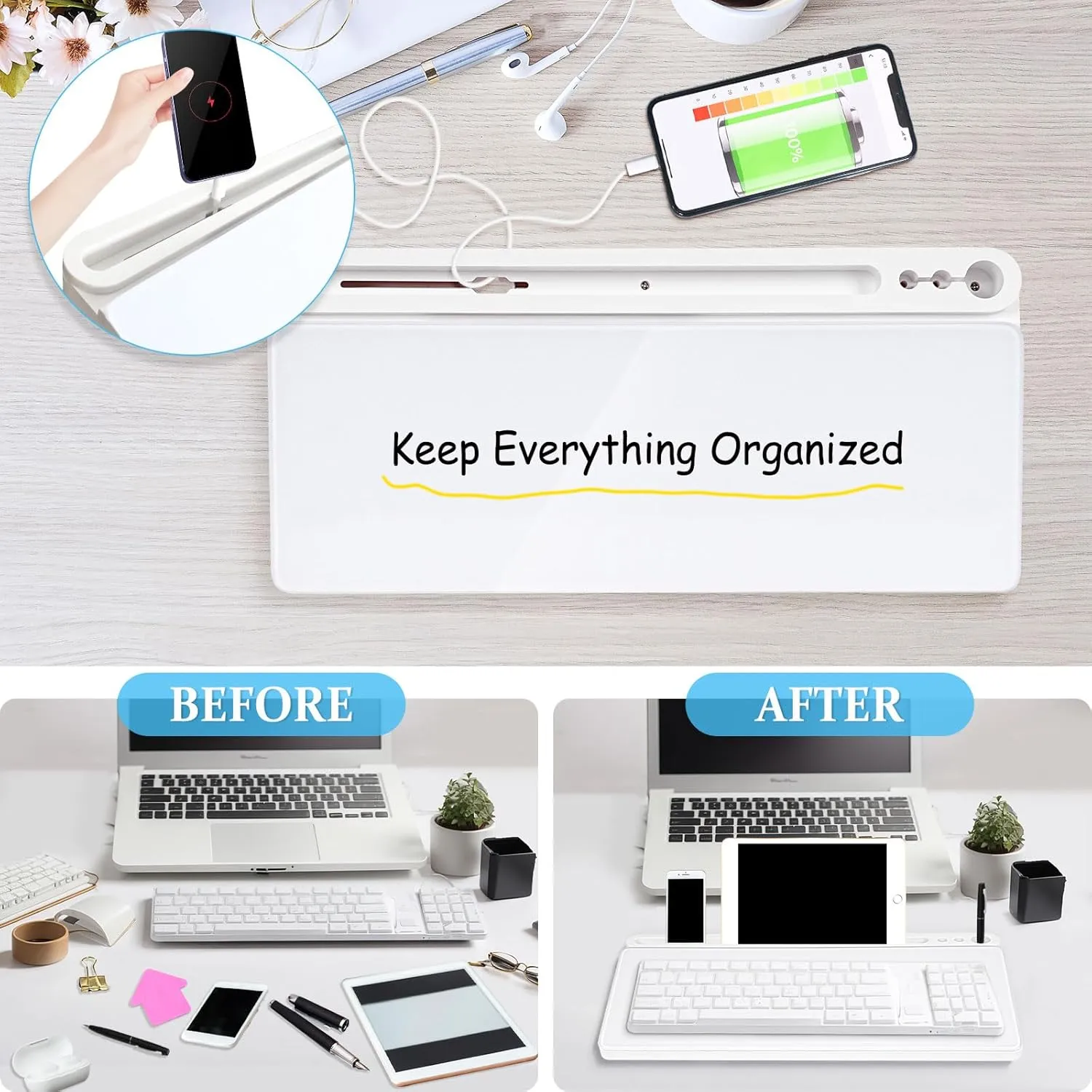 DOLLAR BOSS Glass Desk Whiteboard Small Dry Erase Board Desktop White Board with Storage Drawer Computer Keyboard Stand Desk Organizer Office Accessories School Supplies with 4 Markers 1 Eraser, White