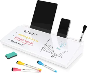 DOLLAR BOSS Glass Desk Whiteboard Small Dry Erase Board Desktop White Board with Storage Drawer Computer Keyboard Stand Desk Organizer Office Accessories School Supplies with 4 Markers 1 Eraser, White