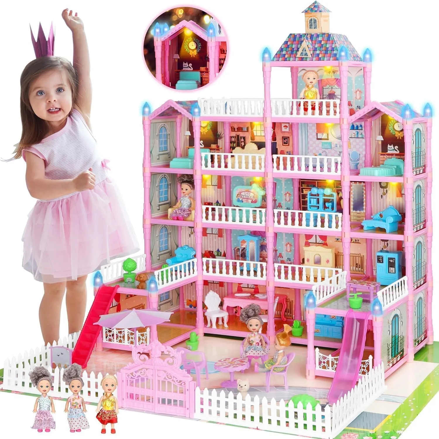 Dollhouse - Doll House 4-5 Year Old with Lights 5 Story 22 Rooms Pink DIY Pretend Play Building Playset w/ 3 Dolls Furniture Accessories, Toddler Doll House 7-8 for Kids Girls Age 3  Gift