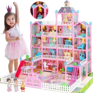 Dollhouse - Doll House 4-5 Year Old with Lights 5 Story 22 Rooms Pink DIY Pretend Play Building Playset w/ 3 Dolls Furniture Accessories, Toddler Doll House 7-8 for Kids Girls Age 3  Gift