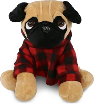 DolliBu Super Soft Pug Dog Stuffed Animal with Plaid Red Hoodie Sweater and Personalization - Pug Dog Plush Lumberjack Stuffed Toy with Plaid Jacket Dress Up for Christmas, Holiday, Winter - 10 Inches