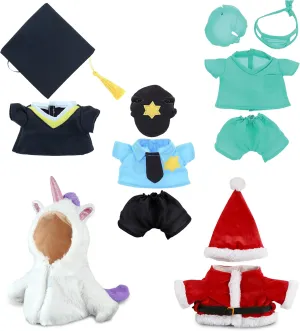 DollIiBu Small Stuffed Animal Teddy Bear Clothes Set - Collection of Teddy Bear Clothing for Unicorn, Police Officer, Santa Dress, Graduation Gown, and Doctor Scrub Costume - 5 Outfits