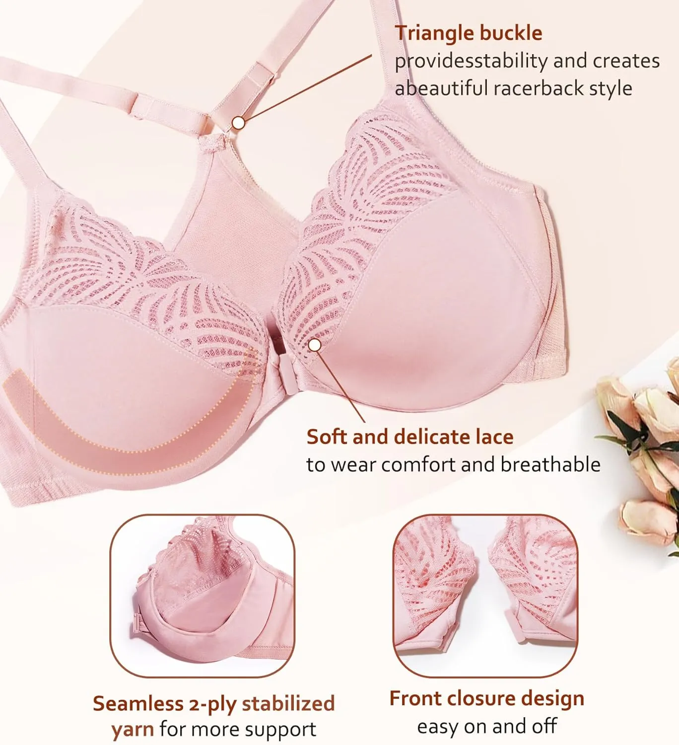 DotVol Women's Front Close Bra T Back Full Figure Underwire Plus Size Seamless Unlined Bra for Large Bust