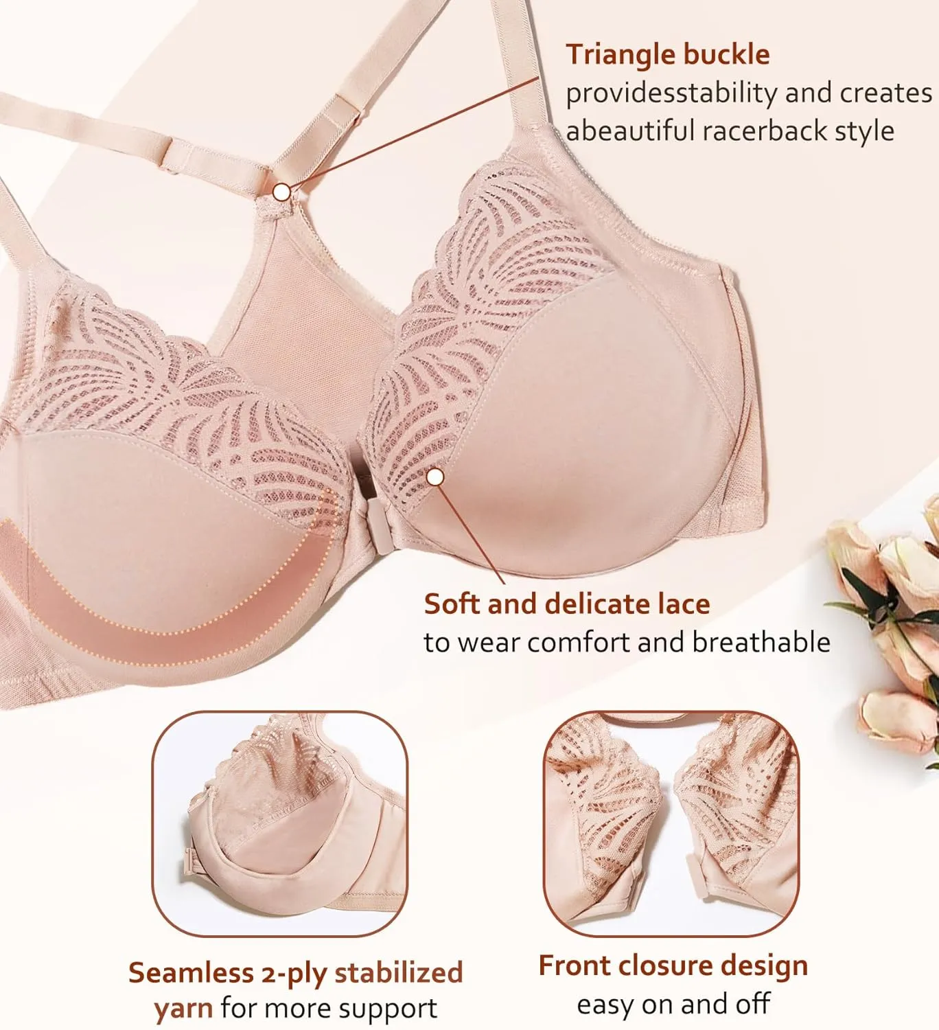 DotVol Women's Front Close Bra T Back Full Figure Underwire Plus Size Seamless Unlined Bra for Large Bust