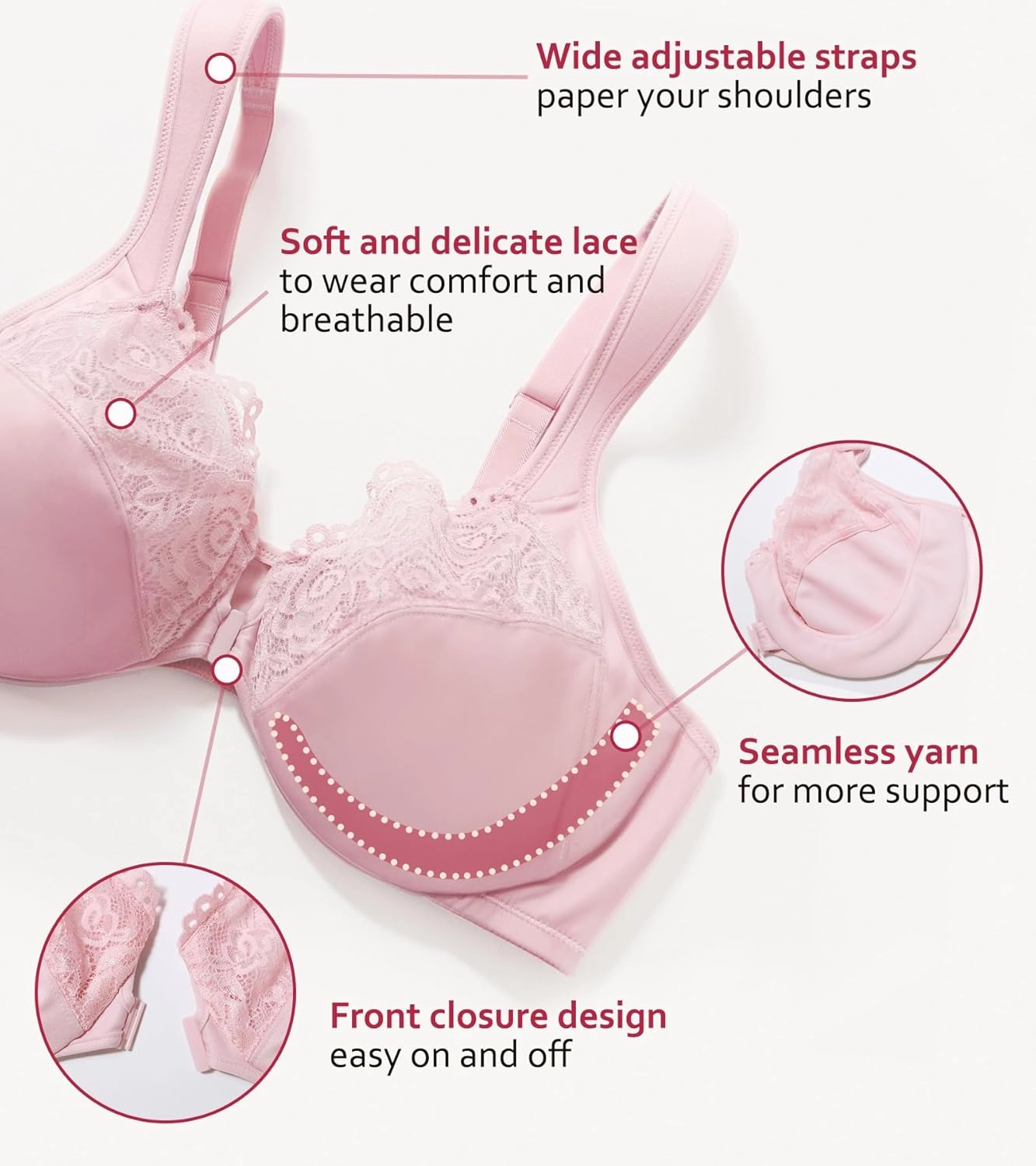 DotVol Women's Plus Size Front Closure U-Back Underwire Wide Strap Everyday Bra