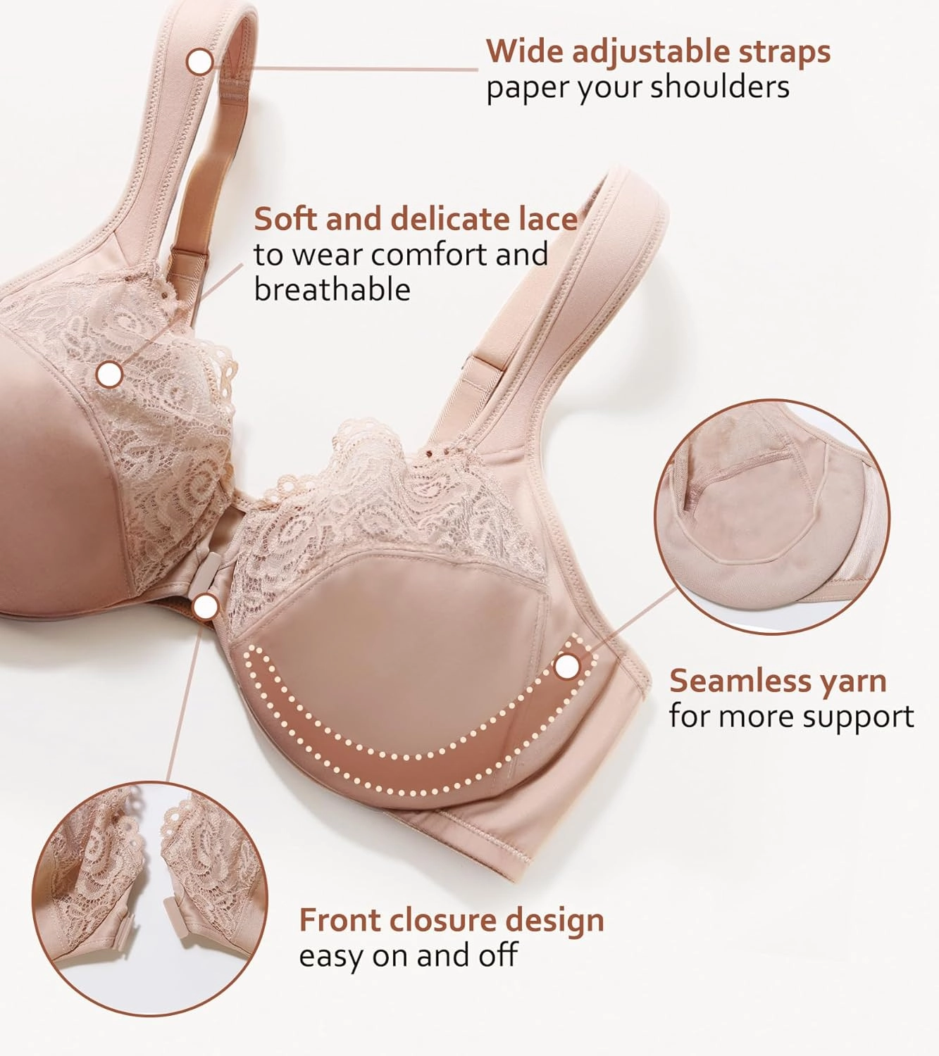 DotVol Women's Plus Size Front Closure U-Back Underwire Wide Strap Everyday Bra