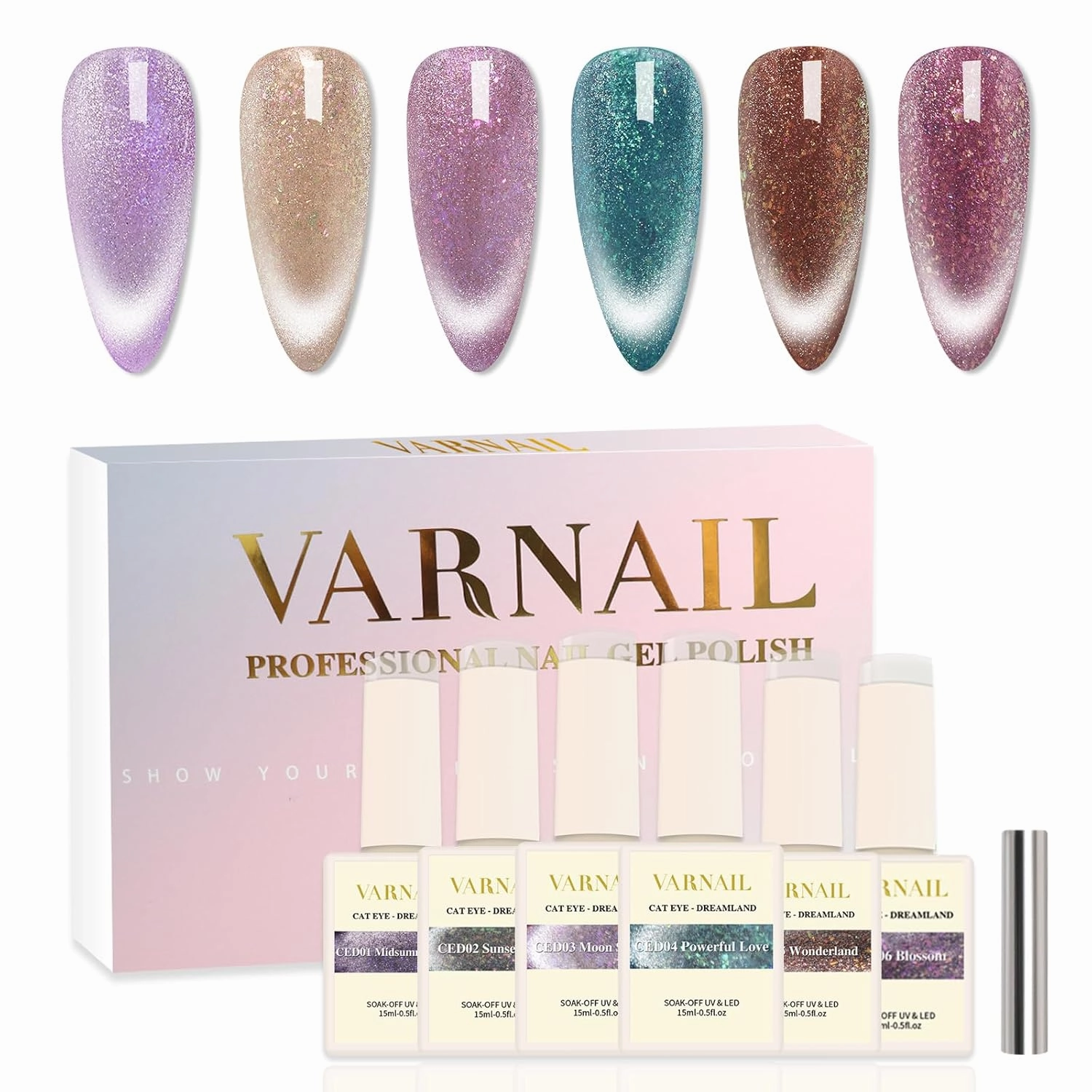 Dreamland Cat Eye Gel Polish Set 6 Colors, 15ML Glitter Aurora Gel Polish with Magnet, Soak off UV Light Salon Quality Magnetic UV Nail Polish