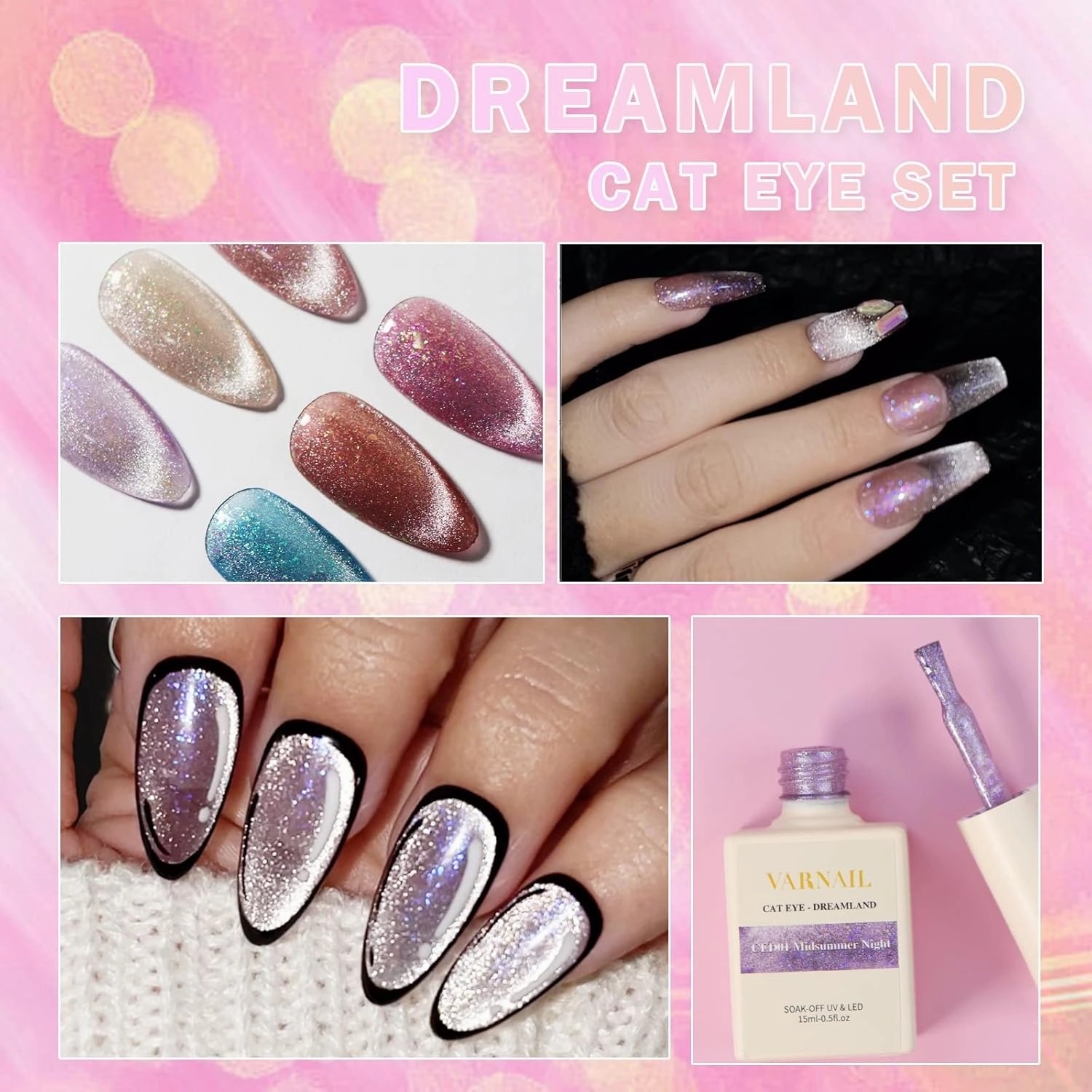 Dreamland Cat Eye Gel Polish Set 6 Colors, 15ML Glitter Aurora Gel Polish with Magnet, Soak off UV Light Salon Quality Magnetic UV Nail Polish