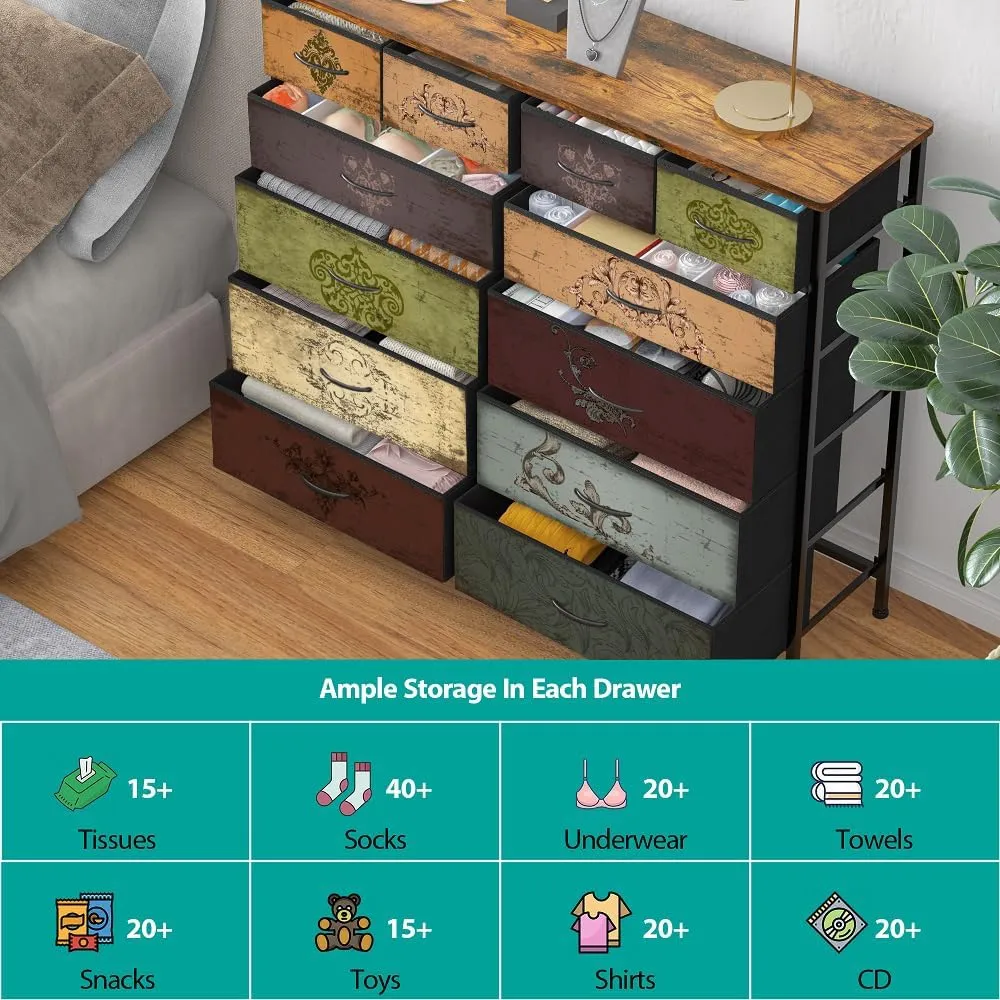 Dresser for Bedroom with 12 Drawers, Tall Fabric Drawer Dresser, Chest of Drawers for Closet, Nursery, Bedside, Living Room, Entryway, Hallway (Pattern)