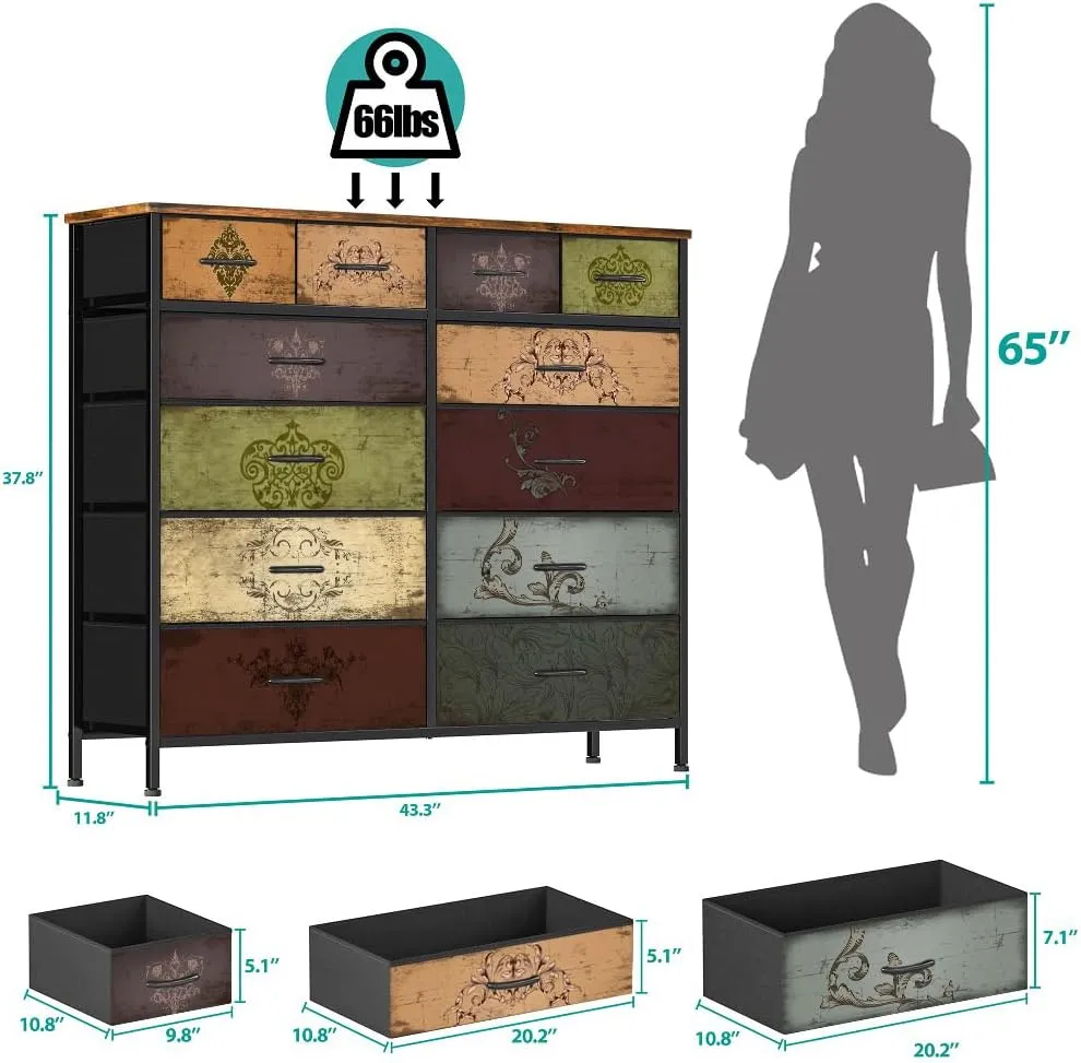 Dresser for Bedroom with 12 Drawers, Tall Fabric Drawer Dresser, Chest of Drawers for Closet, Nursery, Bedside, Living Room, Entryway, Hallway (Pattern)