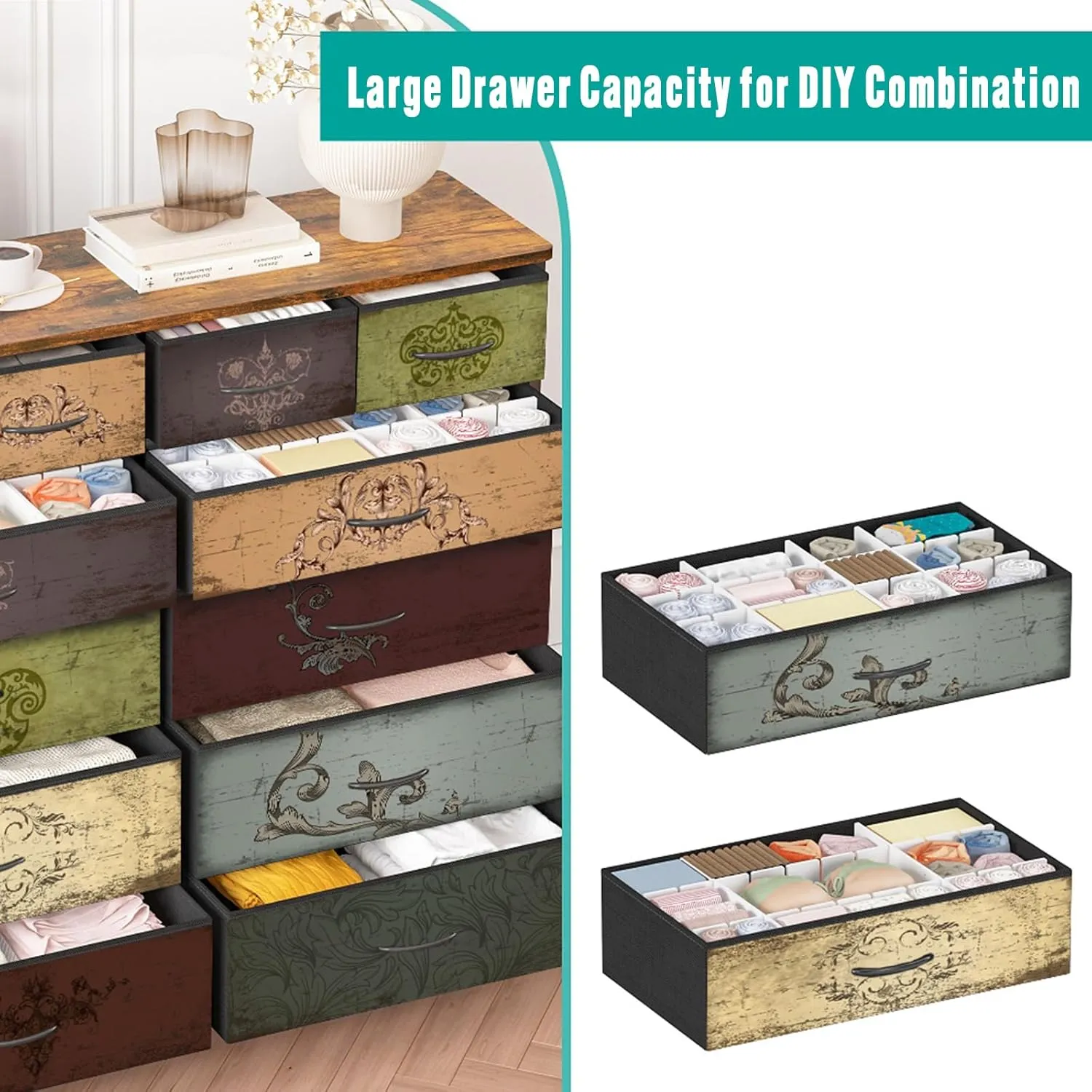 Dresser for Bedroom with 12 Drawers, Tall Fabric Drawer Dresser, Chest of Drawers for Closet, Nursery, Bedside, Living Room, Entryway, Hallway (Pattern)