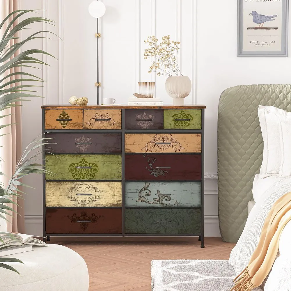 Dresser for Bedroom with 12 Drawers, Tall Fabric Drawer Dresser, Chest of Drawers for Closet, Nursery, Bedside, Living Room, Entryway, Hallway (Pattern)
