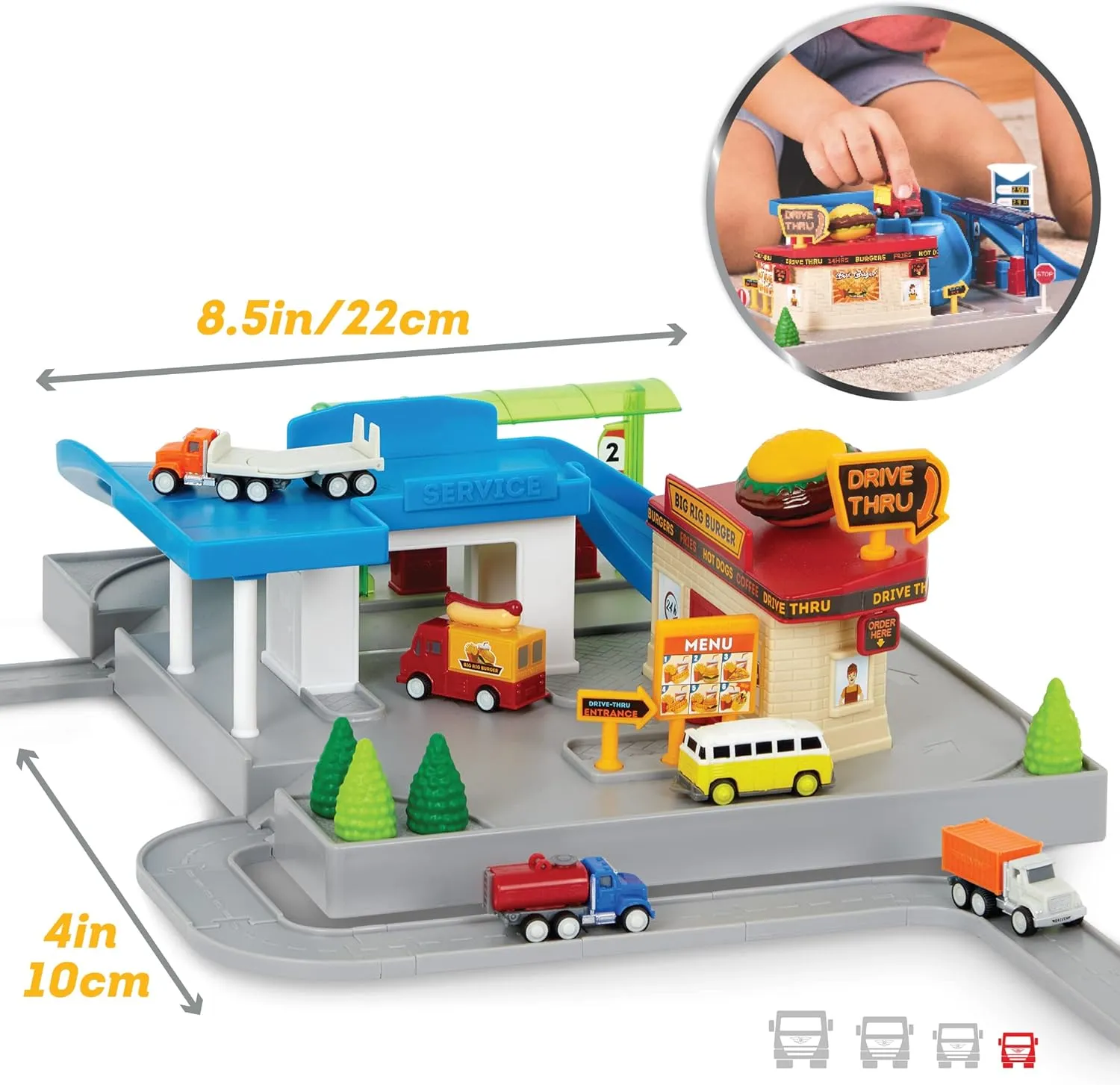 Driven by Battat – 25pc Drive-Thru Playset – Mini Car Track Set – Food Truck, School Bus, Pick-up, Camper Van & More – Gift Car Toys for 3 Year Old  – Various Driving Routes