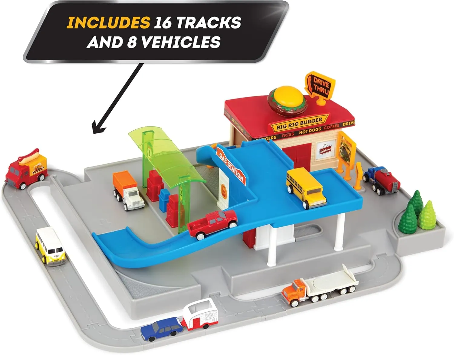 Driven by Battat – 25pc Drive-Thru Playset – Mini Car Track Set – Food Truck, School Bus, Pick-up, Camper Van & More – Gift Car Toys for 3 Year Old  – Various Driving Routes