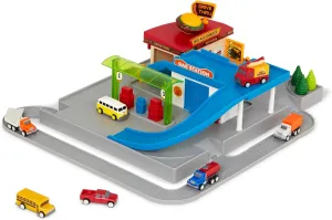 Driven by Battat – 25pc Drive-Thru Playset – Mini Car Track Set – Food Truck, School Bus, Pick-up, Camper Van & More – Gift Car Toys for 3 Year Old  – Various Driving Routes