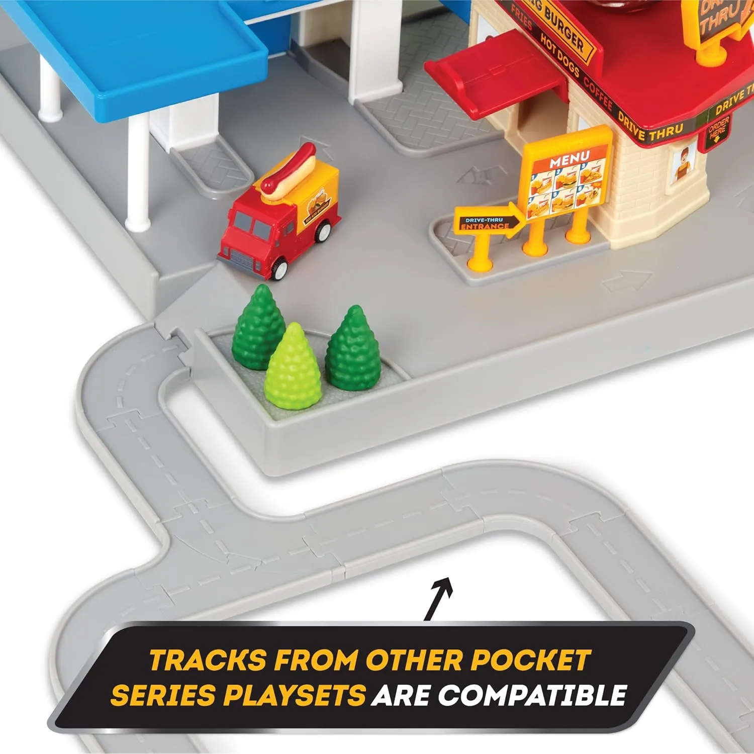 Driven by Battat – 25pc Drive-Thru Playset – Mini Car Track Set – Food Truck, School Bus, Pick-up, Camper Van & More – Gift Car Toys for 3 Year Old  – Various Driving Routes