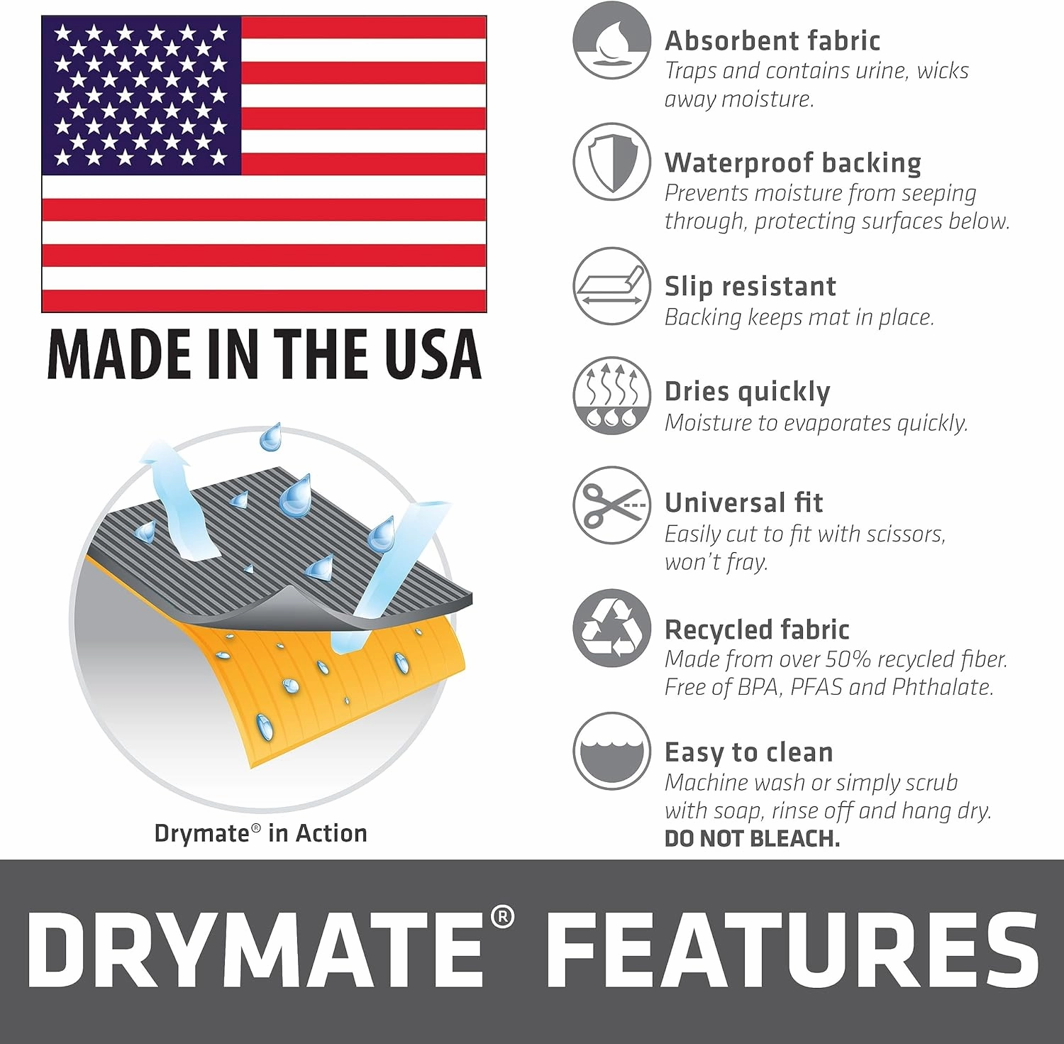 Drymate Premium Dog Crate Mat Liner, Absorbent, Waterproof, Non-Slip, Washable Puppy Pee Pad for Kennel Training - Use Under Pet Cage to Protect Floors, Cut to Fit Design (USA Made) (Dgrey)(30”x45”)