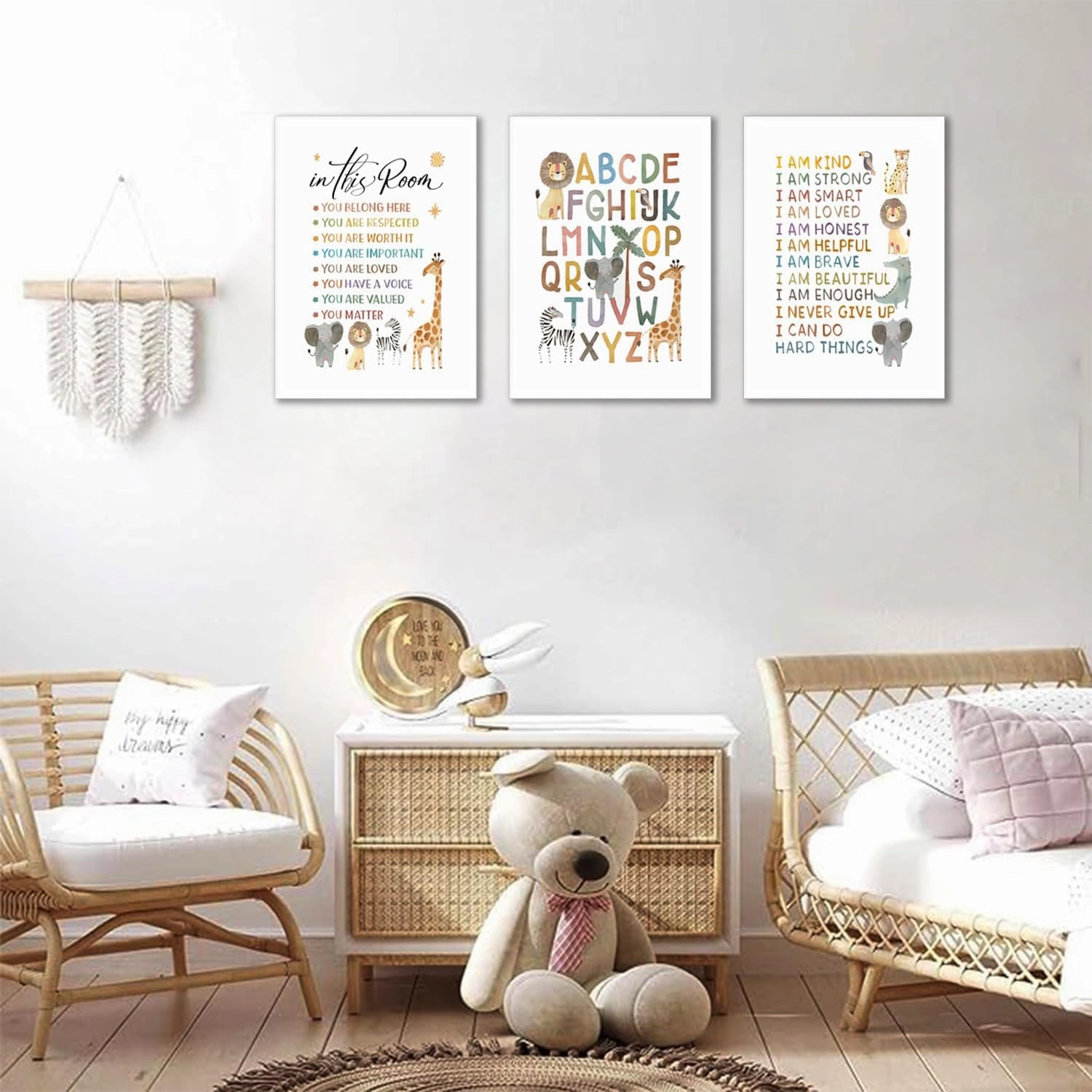 Dytila Framed 3 Piece Safari Animal Nursery Wall Decor, ABC Alphabet Pictures kids Wall Art Boho Letters Canvas Prints Jungle Paintings Artwork for Baby Room Decor 12x16 in