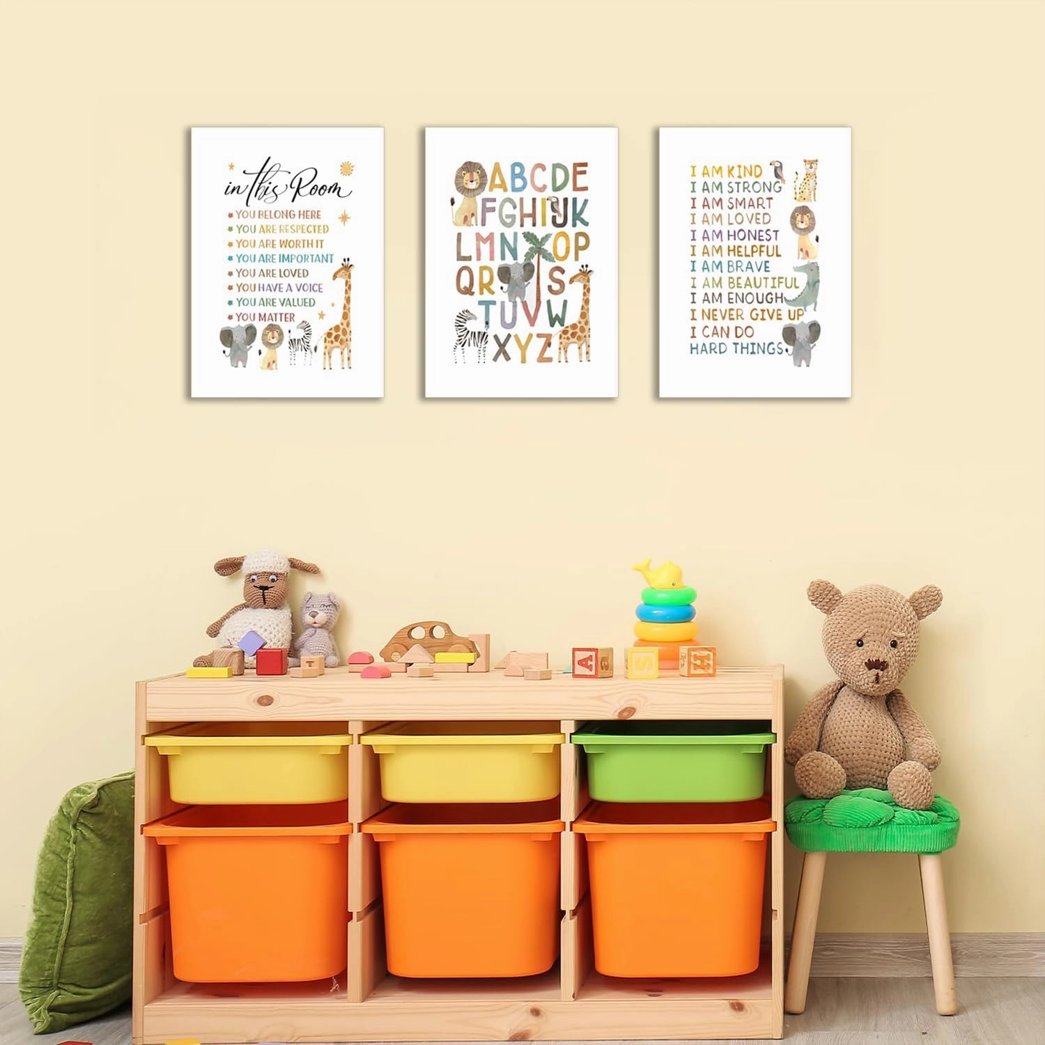 Dytila Framed 3 Piece Safari Animal Nursery Wall Decor, ABC Alphabet Pictures kids Wall Art Boho Letters Canvas Prints Jungle Paintings Artwork for Baby Room Decor 12x16 in