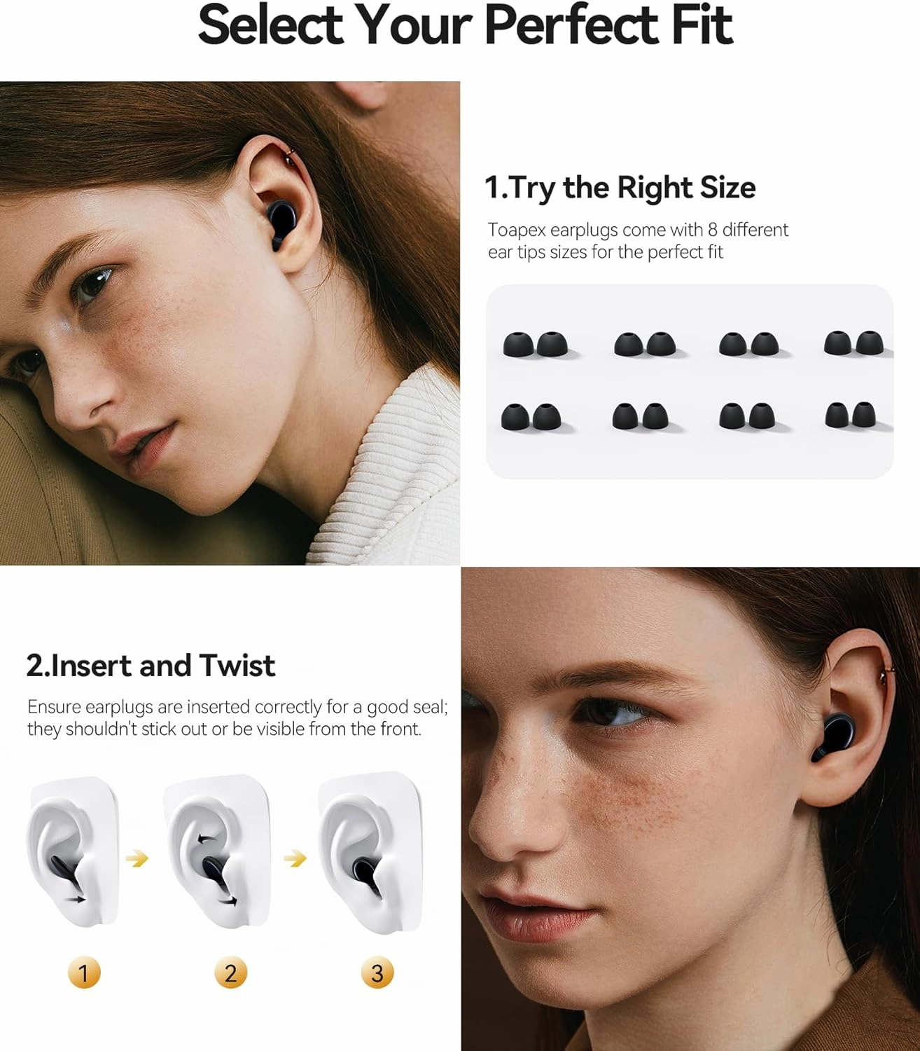 Ear Plugs for Sleeping Noise Cancelling, 45dB Ear Plugs for Noise Reduction, Soft Earplugs for Sleep, Concert, Work, Snoring Silicone Hearing Protection Earplugs Reusable Ear Plug with 8 Tips Black