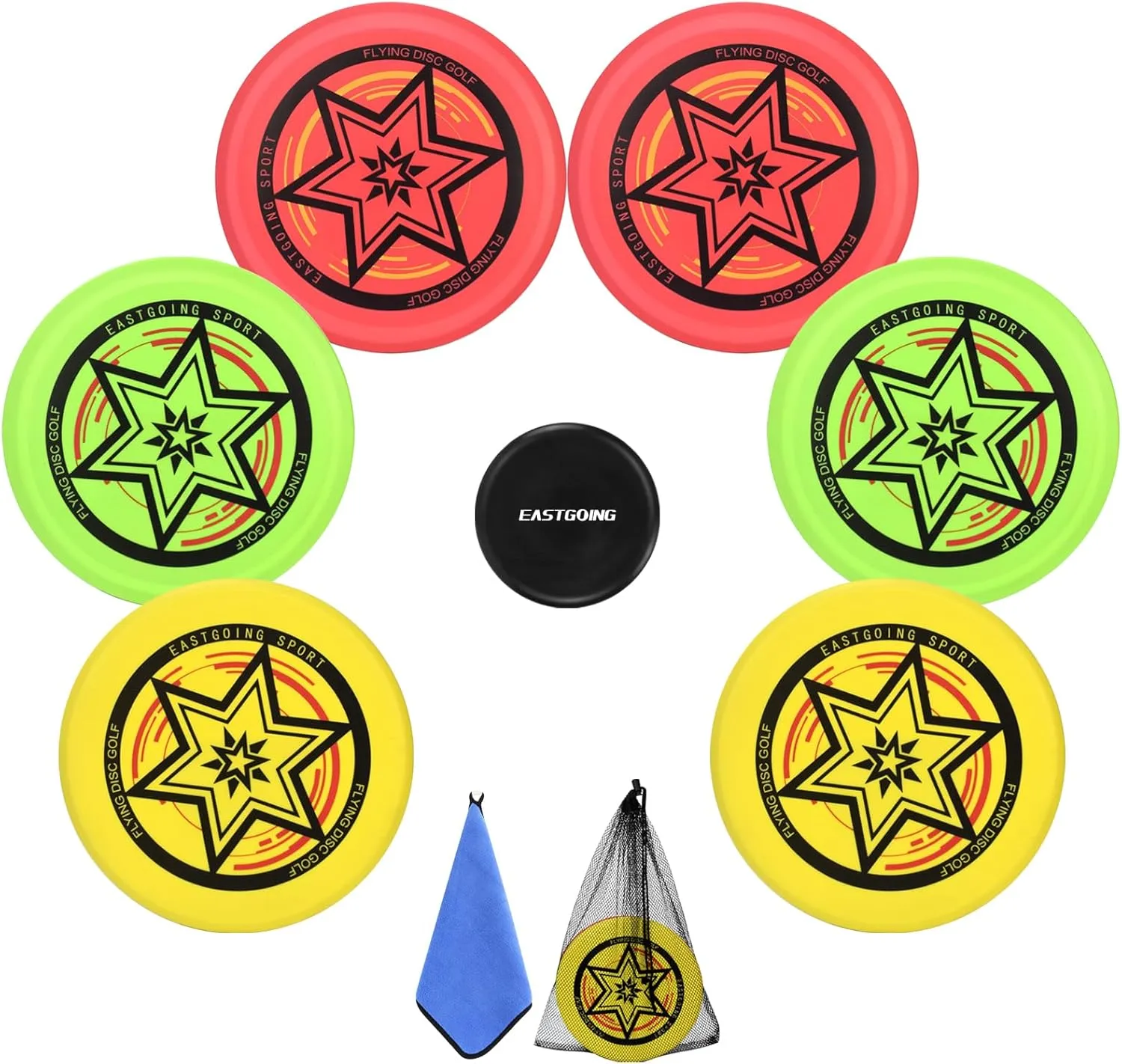 Eastgoing Disc Golf Starter Set.Disc Golf Beginner Kits (7-Pack) 2 Driver, 2 Mid-Range, 2 Putter 1 Mini Disc.Weight 170-176g.Disc Golf Equipment Starter Kit Bonus Drawstring Bag   Towel
