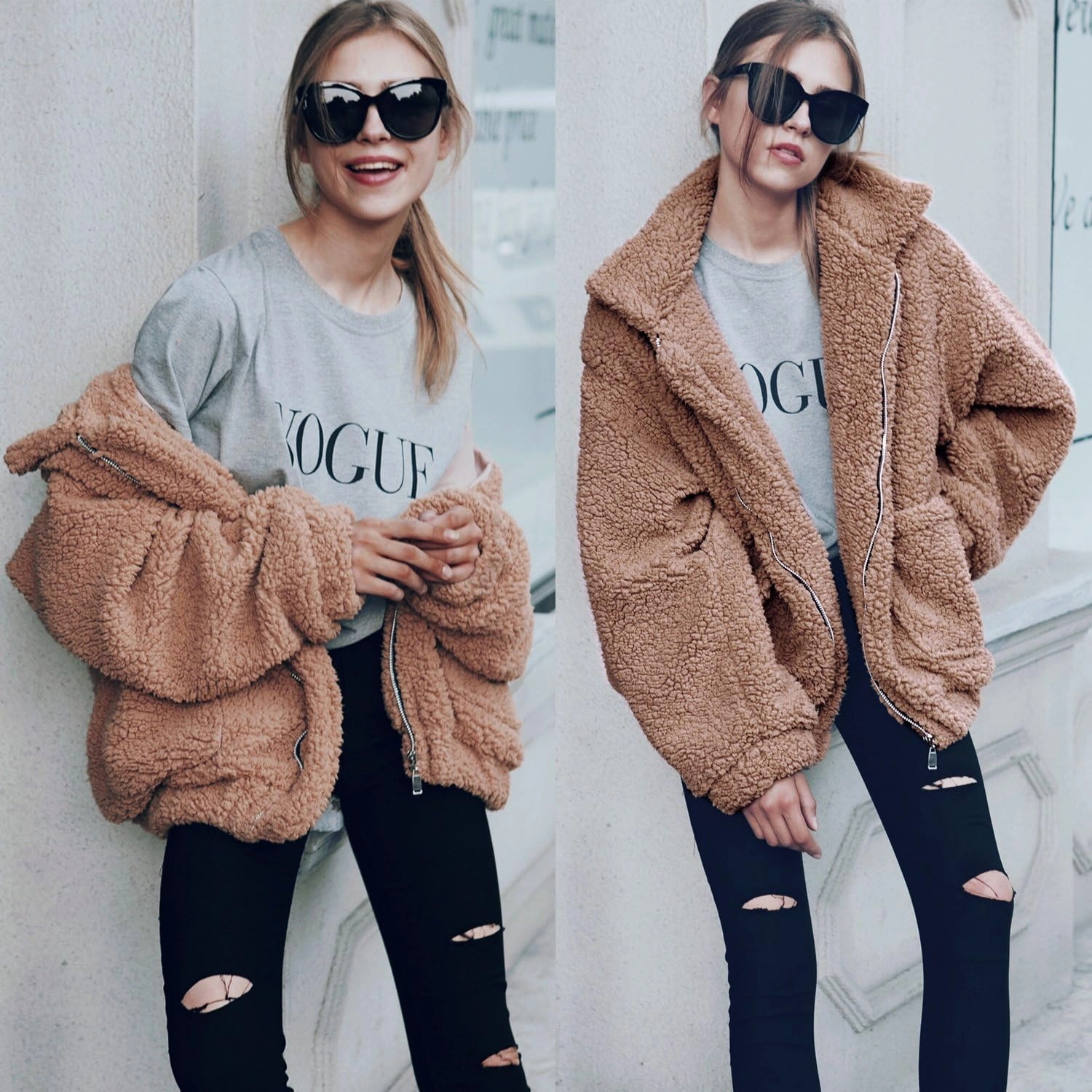 ECOWISH Women Jacket Winter Coat - 2024 Fur Fleece Long Sleeve Sherpa Faux Fuzzy Fall Teddy Fluffy Zip Lapel Outfits
