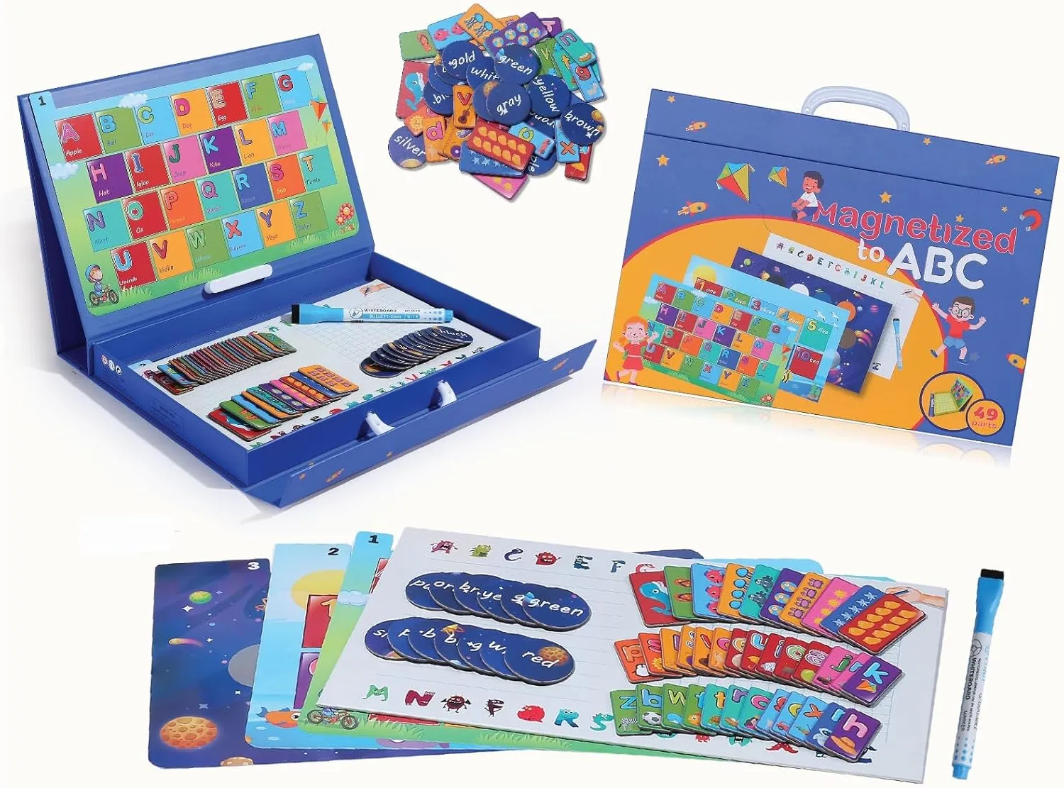 Educational Game for Learning ABC Letters, Numbers & Colors - Magnetic Matching Boards & Erasable Writing Board for Ages 4 