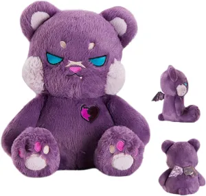 ELAINREN Creepy Gothic Bear Stuffed Gifts, Plush Goth Teddy Bear with Wings, Crazy Purple Bear Plushie Toy Dreadful Bear Stuffed Halloween Skull Bear Dolls Gifts,11.8''