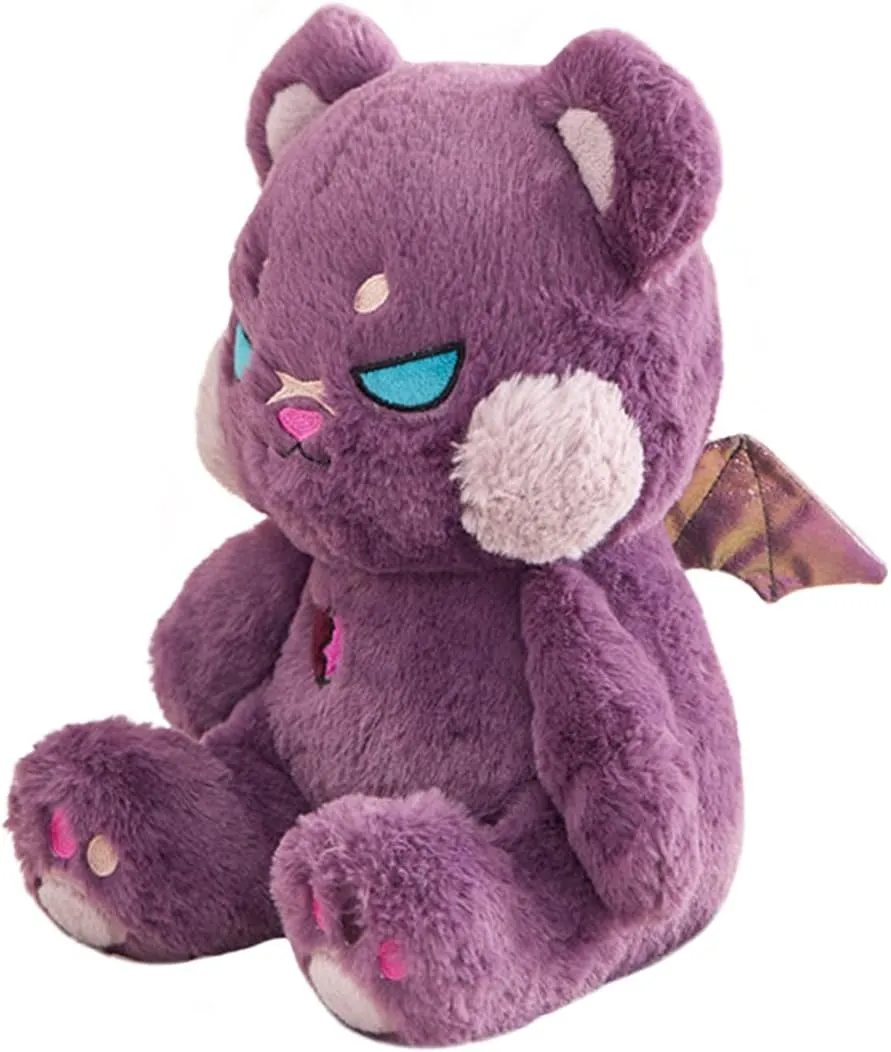 ELAINREN Creepy Gothic Bear Stuffed Gifts, Plush Goth Teddy Bear with Wings, Crazy Purple Bear Plushie Toy Dreadful Bear Stuffed Halloween Skull Bear Dolls Gifts,11.8''