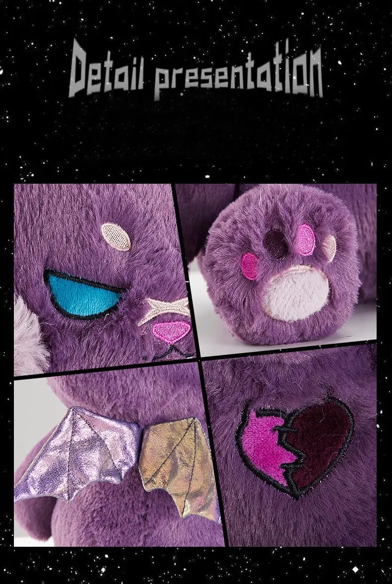 ELAINREN Creepy Gothic Bear Stuffed Gifts, Plush Goth Teddy Bear with Wings, Crazy Purple Bear Plushie Toy Dreadful Bear Stuffed Halloween Skull Bear Dolls Gifts,11.8''