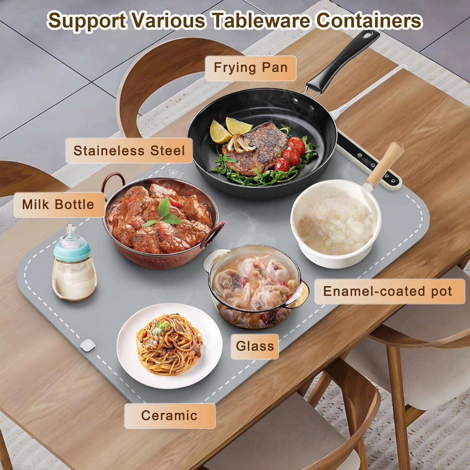 Electric Warming Tray with Child Lock, Adjustable 7 - Level Temperature and 6 - Hours Timer Food Warming Mat, Full Surface Heating, Rollable, Portable Food Warmer for Gatherings-Grey