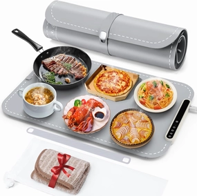 Electric Warming Tray with Child Lock, Adjustable 7 - Level Temperature and 6 - Hours Timer Food Warming Mat, Full Surface Heating, Rollable, Portable Food Warmer for Gatherings-Grey