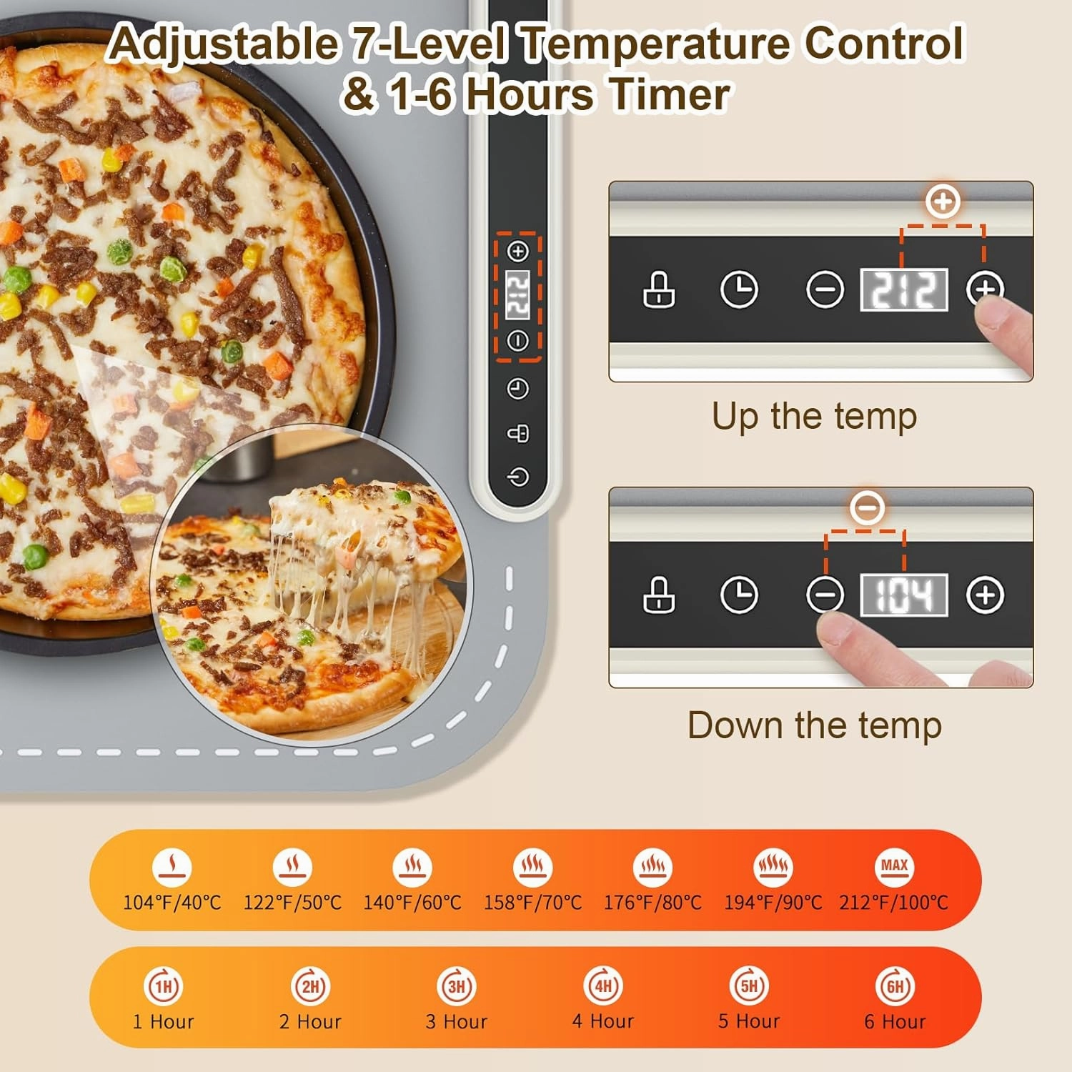 Electric Warming Tray with Child Lock, Adjustable 7 - Level Temperature and 6 - Hours Timer Food Warming Mat, Full Surface Heating, Rollable, Portable Food Warmer for Gatherings-Grey
