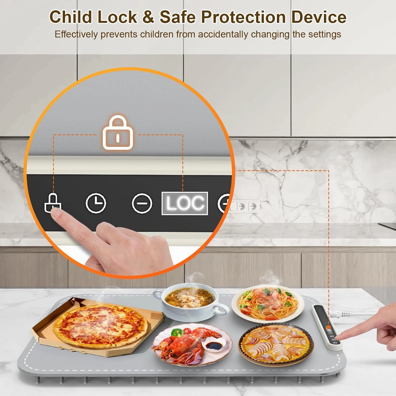 Electric Warming Tray with Child Lock, Adjustable 7 - Level Temperature and 6 - Hours Timer Food Warming Mat, Full Surface Heating, Rollable, Portable Food Warmer for Gatherings-Grey