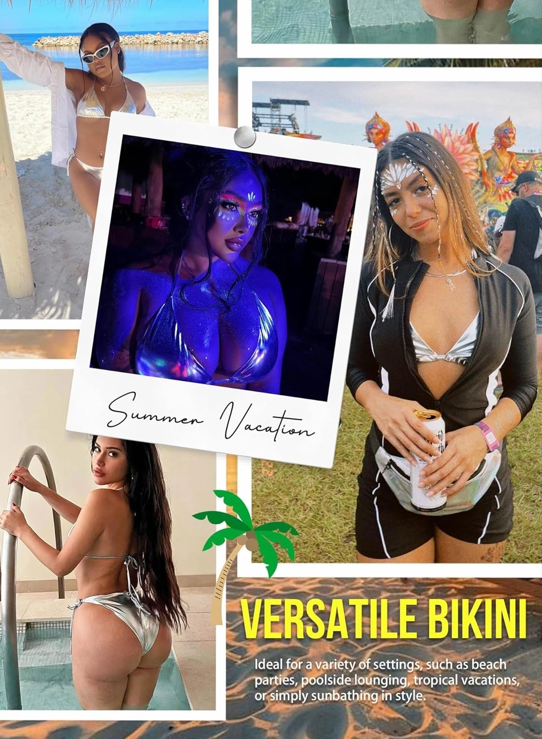 Ella Lust Metallic Bikini for Women - Silver Bathing Suit High Waisted Tie Side Thong Bottom Triangle Top Shiny Swimsuit