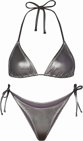 Ella Lust Metallic Bikini for Women - Silver Bathing Suit High Waisted Tie Side Thong Bottom Triangle Top Shiny Swimsuit