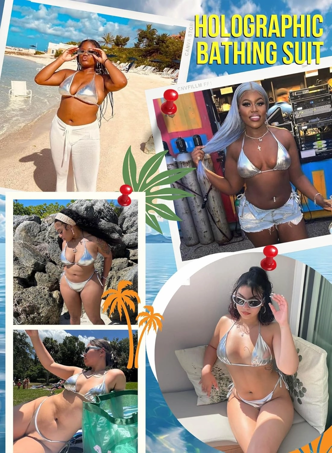 Ella Lust Metallic Bikini for Women - Silver Bathing Suit High Waisted Tie Side Thong Bottom Triangle Top Shiny Swimsuit