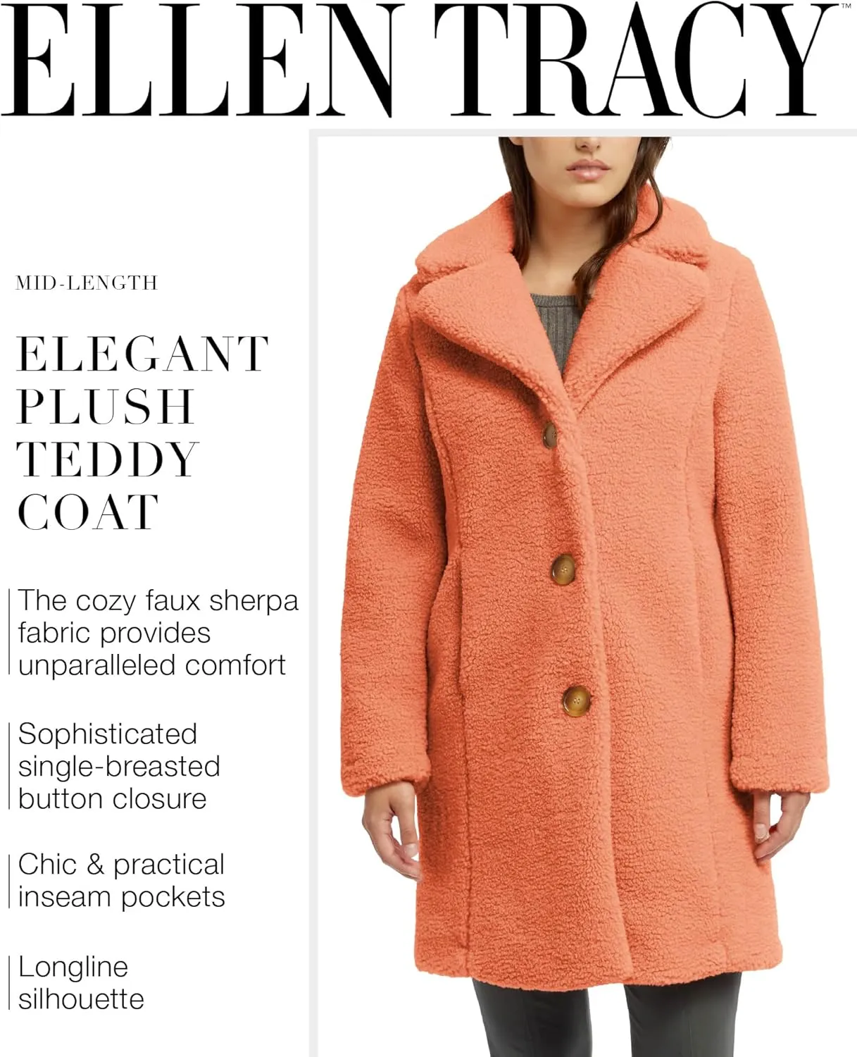 ELLEN TRACY Women's Fur Sherpa Jacket - Notch Collared Teddy Coat with Inseam Pockets - Plush Sherpa Jacket for Women (S-XL)
