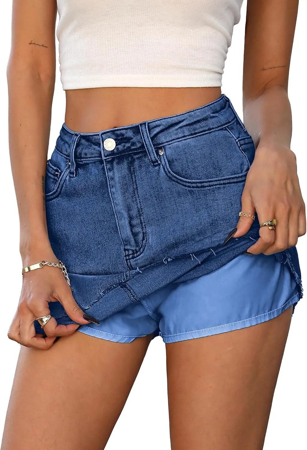 ELLEVEN Denim Skirt with Shorts Mini Skort - Casual Jean Skirts with Raw Hem & Pockets