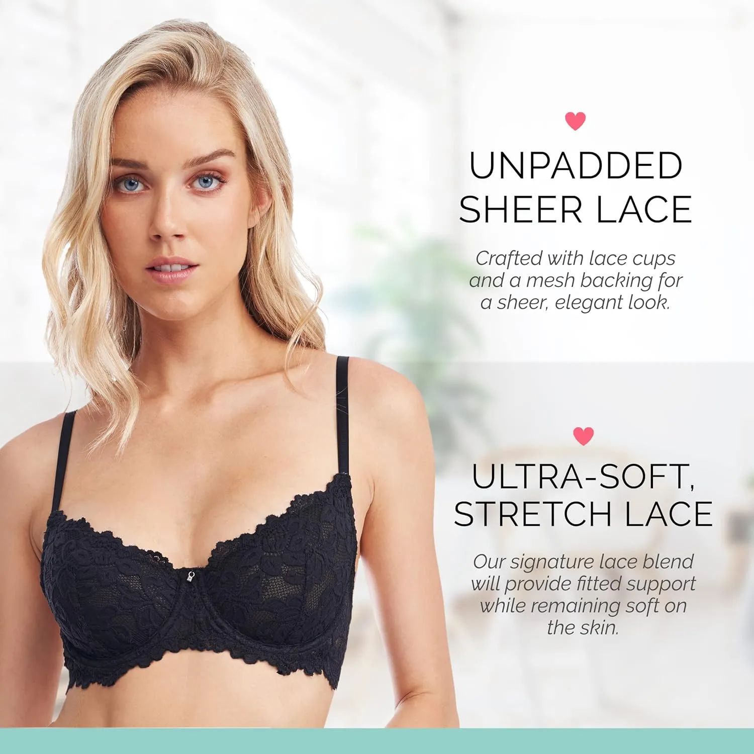Emma Underwire Lace Bra, Unpadded Sheer Lingerie for Women, Perfect Everyday Balconette Demi Bra