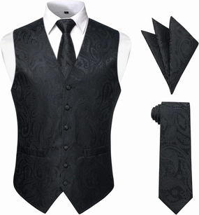 Enlision Mens Vest Tie Set Paisley Vest and Necktie Pocket Square 3pc Formal Dress Waistcoat for Suit or Tuxedo