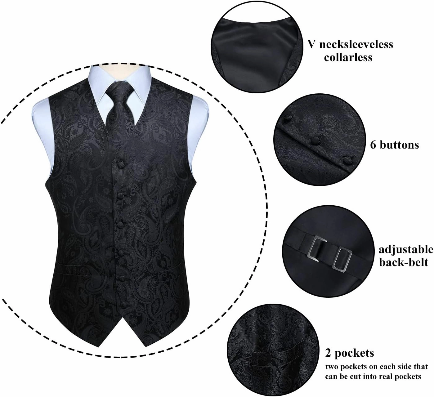 Enlision Mens Vest Tie Set Paisley Vest and Necktie Pocket Square 3pc Formal Dress Waistcoat for Suit or Tuxedo